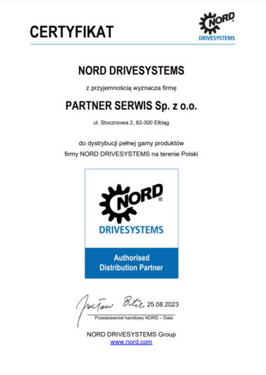 Certyfikat autoryzowanego partnera dystrybucji Nord Drivesystems
